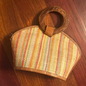 Vintage Fruity Striped Woven Mini Handbag w/ Coconut Handles